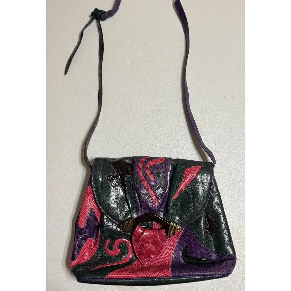 Vintage Sharif Multicolor Patchwork Exotic Leather Shoulder Bag – Rare 80s/90s - Picture 3 of 10